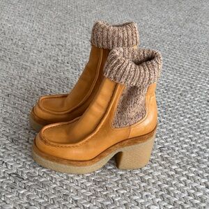 Chloe Tan Heeled Boots with Knit Detail
